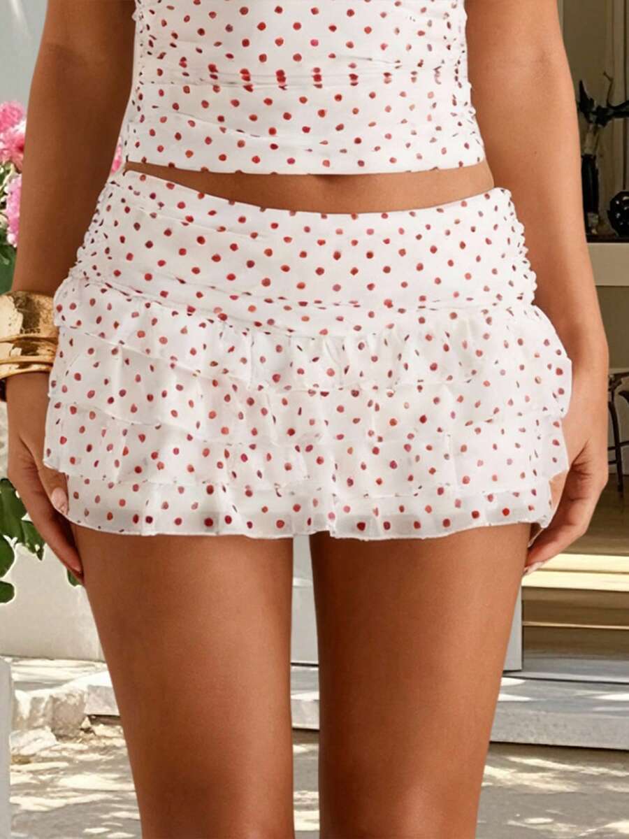 Women's Summer Mini Skirt Casual Stylish Dot Print Layered Ruffled Mid Rise Short Skirt - Pink - View 1