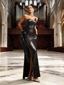 VIPGIRL 优雅黑色金属光泽无肩带高开衩礼服，闪亮抛光晚礼服，女士舞会礼服，闪亮派对礼服，奢华正式礼服，迷人宴会礼服 - 鏽棕色 - 查看 4
