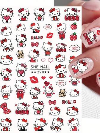 Sanrio 3D Hello Kitty 美甲贴纸 - 自粘亮面卡通贴纸，可爱扁平设计，一次性塑料美甲装饰，适用于 DIY 美甲、派对、礼物（动漫和卡哇伊风格），美甲贴纸，派对用品，趣味礼物，易于粘贴，适合美妆爱好者、美甲配件，表面光滑，礼品购物者