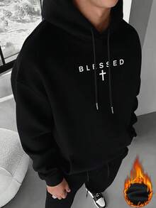 Men's Casual Minimalist Slogan Print Thermal Lined Hoodie Sweatshirt, Autumn/Winter