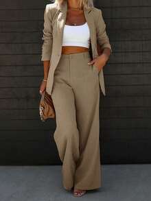 Women's Spring/Autumn Lapel Collar Elegant Blazer & Pants Set, Suitable For Daily Commute - Khaki - View 10