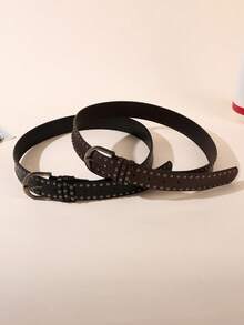 1pc/2pcs Women's Metal Buckle Double Row Rivet Solid Color Punk PU Leather Solid Stud Decor Waist Belt Accessory, Suitable For School, All Seasons, Gift For Women