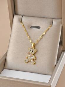 1 件时尚方晶锆石熊形不锈钢女士项链，1 对时尚方晶锆石熊形不锈钢女士耳环，黄金首饰，金项链，女士配饰，送给她的礼物，派对，暑假 - 白色 - 查看 4