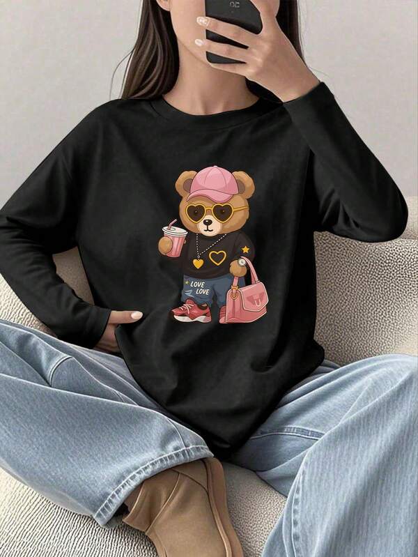 1pc Girls Casual Printed Crew Neck Long Sleeve T-Shirt, Autumn Student Young Clothing