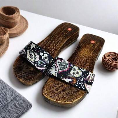 Floral Patterned Black & Colorful Flower Women's Wooden Clogs Slippers, Chinese Style Casual Home/Holiday Wear Sandals, Suitable For Spring, Summer, Autumn, Winter