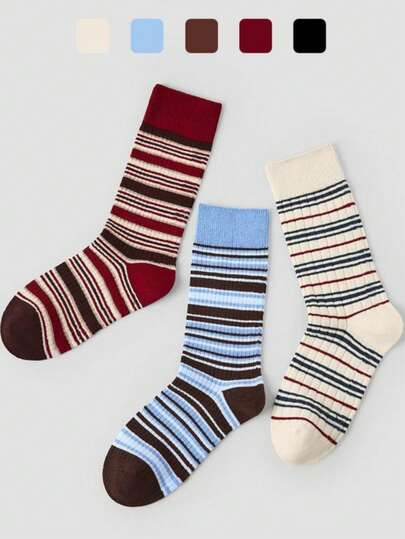 1 Pair Striped Mid-Calf Socks For Women, Multi-Color, Korean Fashion , Suitable For Various Styles, Autumn/Winter