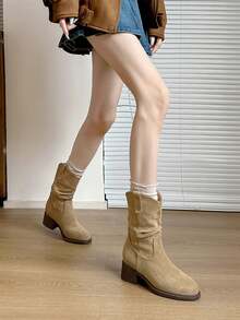 Mengshangli Round Toe Mid-Calf Boots, Solid Color Western Style Ruffle Trim Chunky Heel, Suitable For Holiday Party, Vacation, Autumn/Winter Short Boots For Women - Khaki - View 4