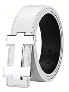 MMJ Finswift Luxury Men's Silver H Letter Smooth Buckle Belt, Fashion Casual Versatile Jeans Belt, Suitable For Work And Daily Wear