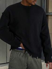 ANDREILEE Autumn/Winter New Unisex Distressed Fringe Casual Loose American Style Knit Pullover Sweater Top, Long Sleeve - Black - View 1