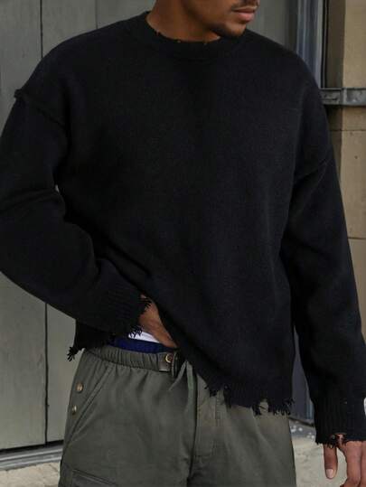 ANDREILEE Toamna/Iarna Nou Unisex Distressed Franjuri Casual Lejer Stil American Tricotat Pulover Top, Mânecă Lungă