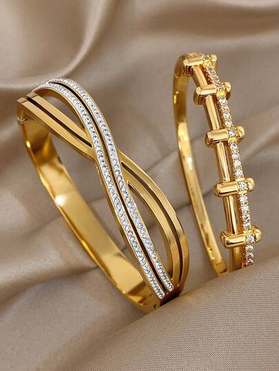 18K 镀金不锈钢或铜质奢华优雅几何锆石袖口手镯，适合女士，个性珠宝，妈妈礼物，圣诞节感恩节万圣节婚礼狂欢/舞会/派对/日常配饰，周年纪念礼物，情人节波西米亚风格珠宝生日伴娘礼物