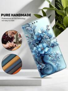 GLANDOTU PU皮革钱包式手机壳，压纹浅蓝色花卉图案，磁吸式闭合设计，带支架功能和卡槽，兼容三星Galaxy、苹果等设备。 - 彩色 - 查看 4