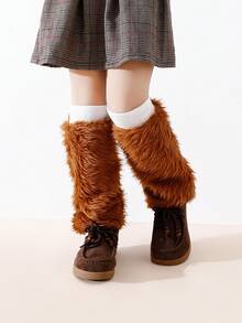 1双女童时尚仿毛皮腿套，保暖蓬松，亮丽色彩，经典百搭简约冬季腿套 - 彩色 - 查看 17