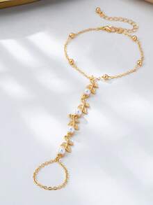 1 Stück modischer, minimalistischer, einzigartiger Blatt- & Perlen-Fingerkettenarmband für Frauen, geeignet für den täglichen Gebrauch, Urlaub, Date, Feiertags-Schmuck - Gold - Übersicht 4