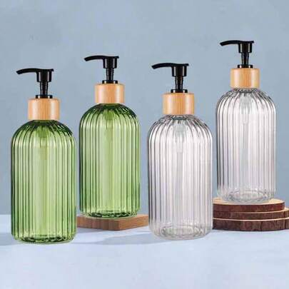 16.9oz Soap Dispenser With Bamboo Pump - Refillable Plastic Bottle, Vertical Stripe Design For Kitchen & Bathroom, High-Quality Hand Soap, Dish Soap, Lotion Pump Bottle Green,Clear,Black,Amber