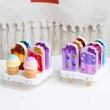 蒙特梭利木制玩具，仿真食物套装，过家家甜点架厨房游戏，冰淇淋冰棒可拆卸角色扮演玩具，培养技能，亲子活动，儿童生日礼物 - 彩色 - 查看 9