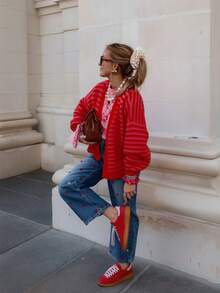 Tricot d'hiver à la mode - Retour à l'école - Hauts basiques polyvalents chics décontractés - Conception affinante réversible col en V - Cardigan tricoté à boutons à rayures contrastées polyvalent - Tenues de bureau pour femmes - Hauts pour sortir - Tenue de voyage aéroport - Noël - Nouvel An