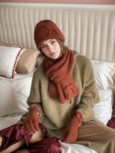 1 Set Women's Solid Color Warm Hat, Scarf And Gloves Set For Autumn/Winter, Simple And Fashionable Knit Hat, Elegant Scarf And Gloves Winter Head Warmer Valentines Gift