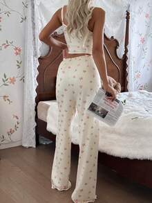 Nina Bonheur 2pcs Ditsy Floral Women Camisole Crop Top + Elastic Waist Straight Pants Pajama Sleepwear Set