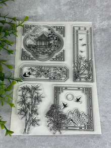 Bamboo Pavilion Transparent Rubber Stamp Retro Rubber Transparent Card Special Record Pattern Making Stamp DIY Scrapbook Photo Magazine Album Decoration Stamp - Black - View 1