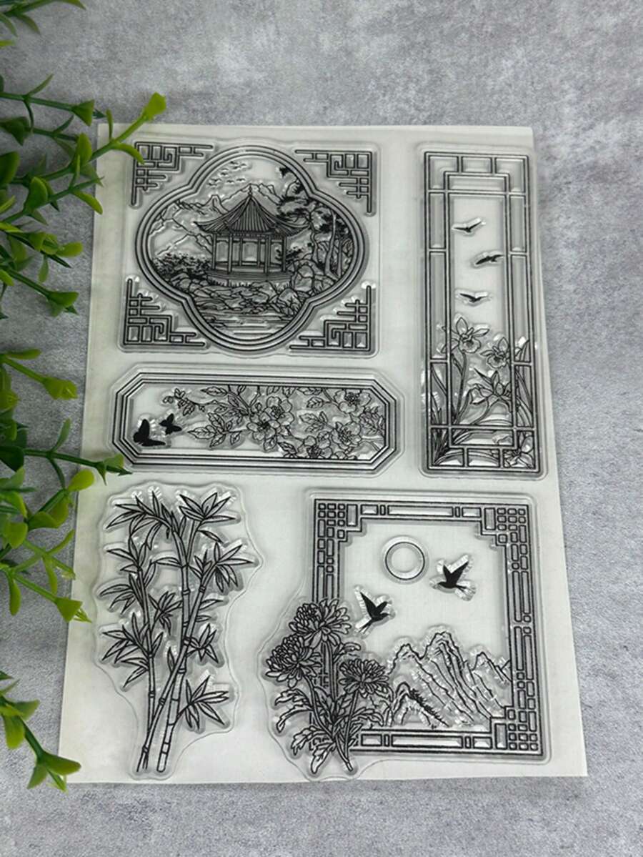 Bamboo Pavilion Transparent Rubber Stamp Retro Rubber Transparent Card Special Record Pattern Making Stamp DIY Scrapbook Photo Magazine Album Decoration Stamp - Black - View 1
