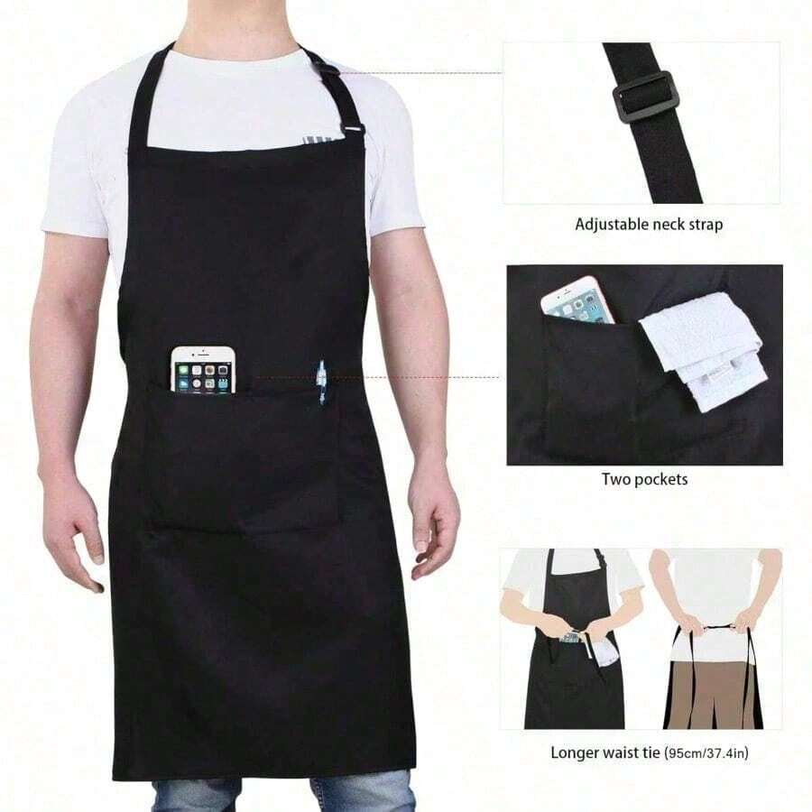 Minimalist Black Chef Apron - Pocket-Free, Unisex Adult Apron For A Sleek Look | Kitchen Essentials/Chef Aprons/Beginner Kitchen Tools/Cooking Must-Haves - Black - View 1