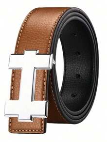 MMJ Finswift Luxury Men's Silver H Letter Smooth Buckle Belt, Fashion Casual Versatile Jeans Belt, Suitable For Work And Daily Wear