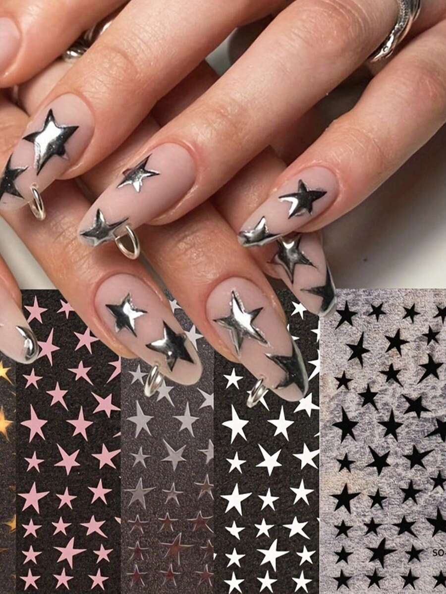 3 Peças de Adesivos de Arte de Unhas Assimétricos de Estrela - Elementos Decorativos de Natal, Ano Novo e Ano Novo em Preto, Branco, Prata, Design de Arte de Estrela Assimétrica no Estilo Y2K, Adequado para Uso Diário, Casamento e Feriados de Mulheres, Adesivos de Arte de Unhas Descartáveis, Tema Minimalista Y2K, Fácil de Colar Decorações de Unhas
