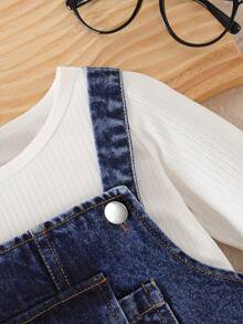 2pcs Baby Girls Set: Solid Ribbed Crew Neck Long Sleeve Top + Bow Decor Denim Bib Pants - White - View 5