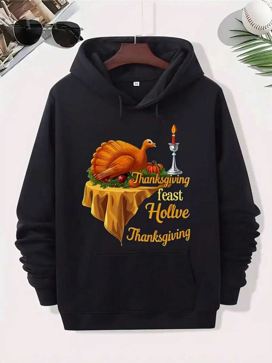 Men'S Thanksgiving Turkey & Fall Foliage Graphic Hooded Sweatshirt - Black With Golden Lettering, Loose Fit Pullover Hoodie With  Pocket, Long Sleeve Casual Sweater For Autumn Winter Warmth, Turkey Day Outfits & Holiday Gifts (Thanksgiving, Labor Day, Christmas) - All-Season Comfortable Men'S Clothing,Fall Hoodies,Men's Fall Clothes,Street Wear,Halloween,Mens Hoodies,Y2k Clothes,Jesus Hoodie,Thanksgiving Day,Nightmare Before Christmas,Christmas - màu đen - Xem 1