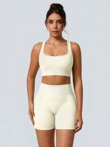 NcmRyu Two Piece Back Tank Top Sports Bra Stretchy Gym ShortsSleeveless Tummy Control Workout Gym High WaistedFitness Running Sportswear Butt Lifting - 白色 - 查看 2