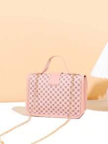 1pc Girls' Vintage Print Handbag, Cute Metal Chain Crossbody Bag, Casual Date Phone Pouch, Ideal Gift - Pink - View 4