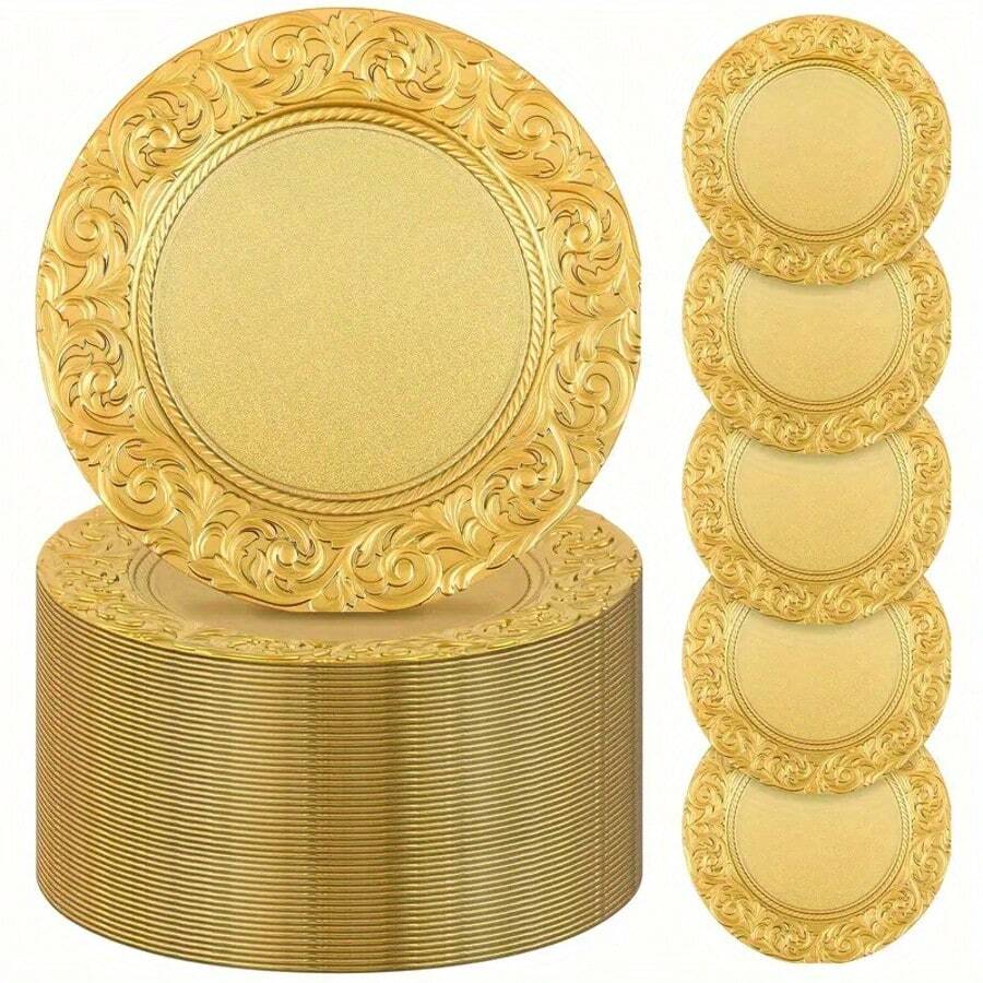 13 Inch Antique Charger Plates Bulk Plastic Round Floral Plates Perfect For Dinner/Wedding/Thanksgiving Party/Elegant Tabletop Decor - 金色 - 查看 1