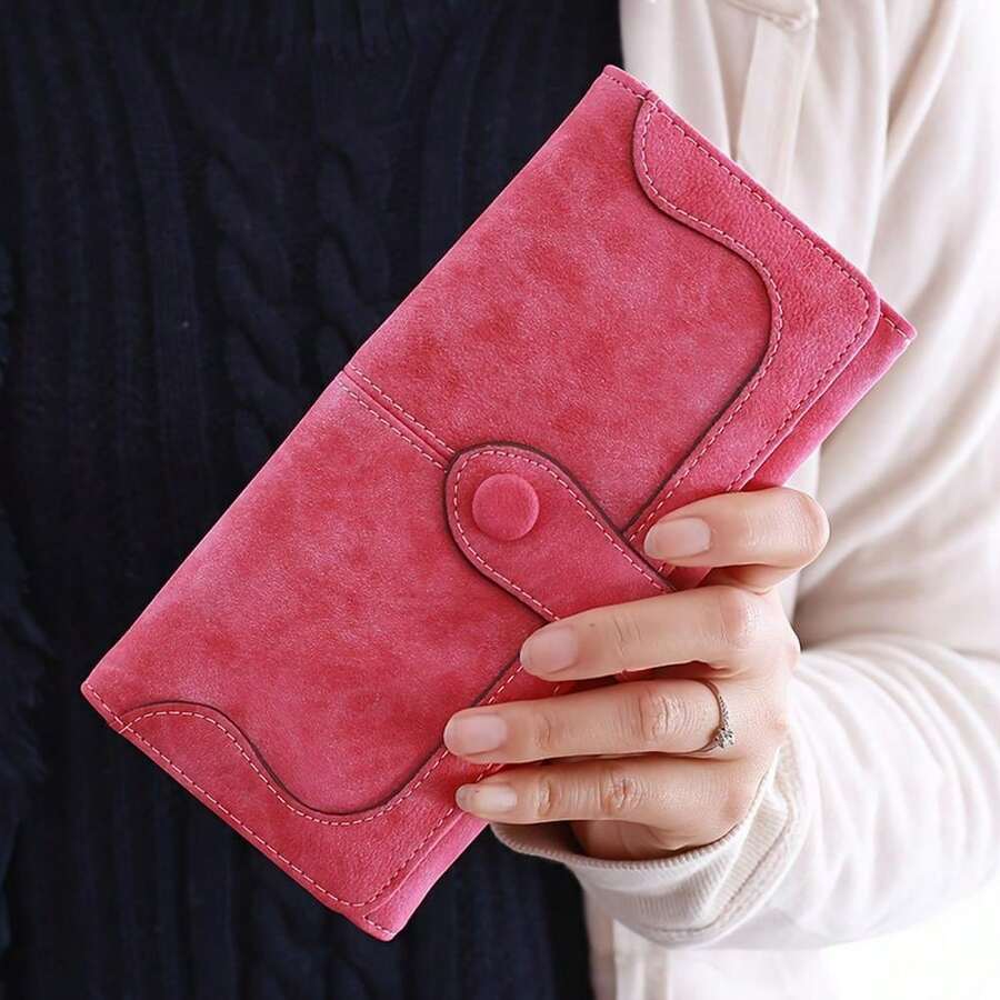 Women's Vegan PU Leather Wallet, 17 Card Slots Card Holder Bifold, Large Capacity Zipper Pocket Phone Handbag With ID Window - 玫瑰紅 - 查看 1