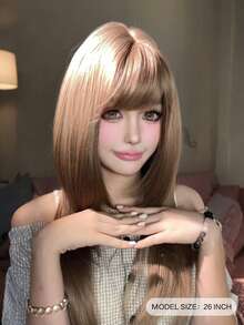 alicegarden 1 Synthetic Fiber Long Straight Hair Wig With Bangs, Brown Long Straight Hair, 26 Feet Long, Fashionable Wig, Natural And Realistic