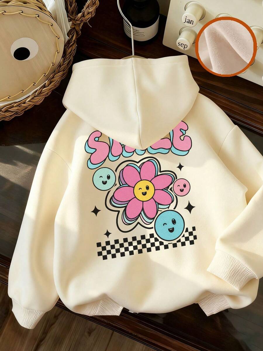 1pc Tween Girl Thermal Lined Hooded Sweatshirt, Warm Winter Student Clothing, Suitable For Children, Long Sleeve Top For Autumn/Winter - Apricot - View 1