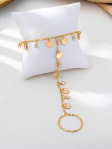 1 Stück modischer minimalistischer Metall-Disc, Strass-Anhänger Fingerring Kette für Frauen, geeignet für den täglichen Gebrauch, Urlaub, Date, Party, Goldfarben Accessoire - Gold - Übersicht 3