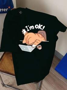 Camiseta de manga corta para hombre con letras y estampado de gato. Diseño casual, holgado y cómodo, con cuello redondo. Estilo urbano moderno. - Negro - Ver 1