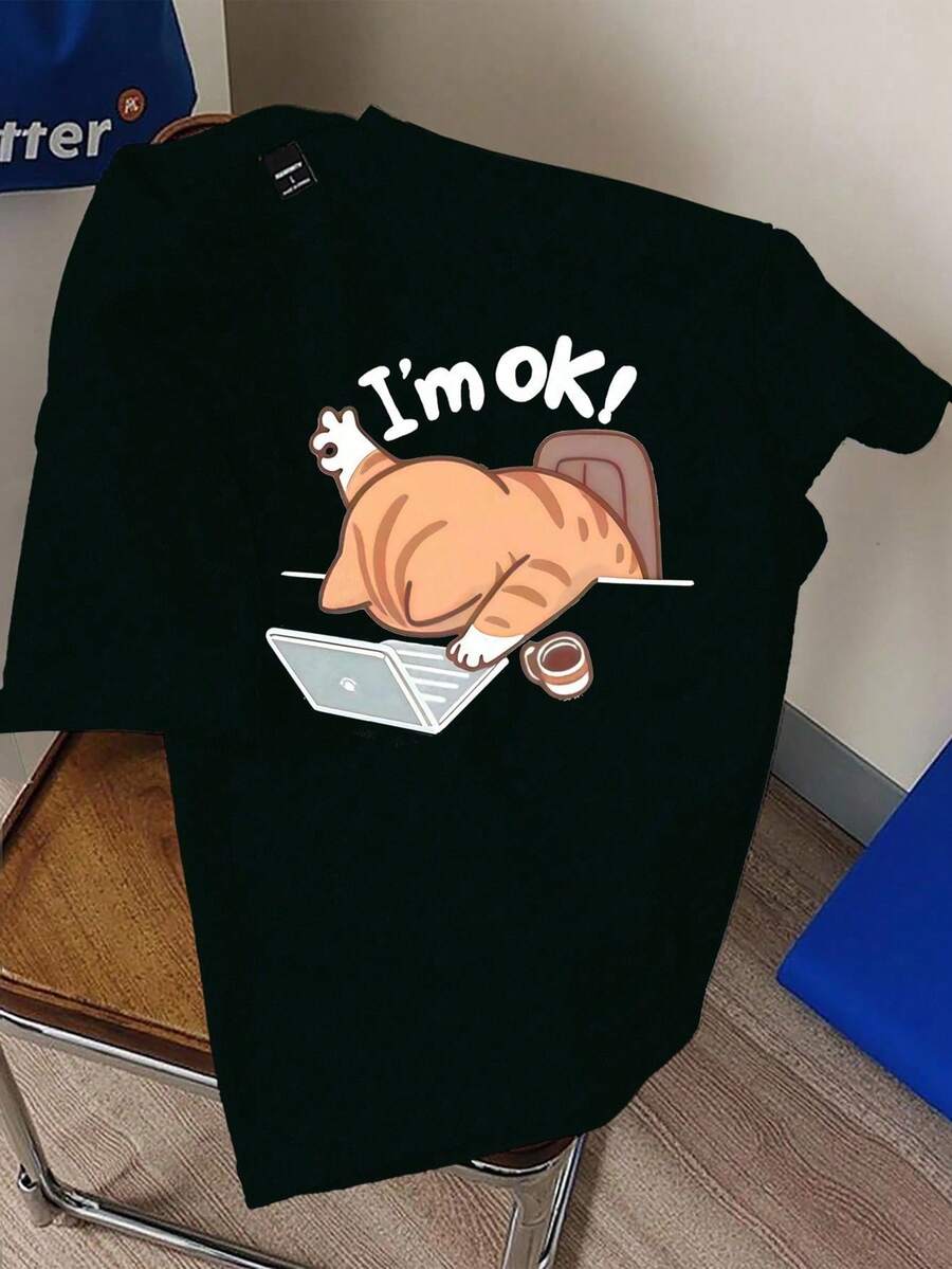 Camiseta de manga corta para hombre con letras y estampado de gato. Diseño casual, holgado y cómodo, con cuello redondo. Estilo urbano moderno. - Negro - Ver 1