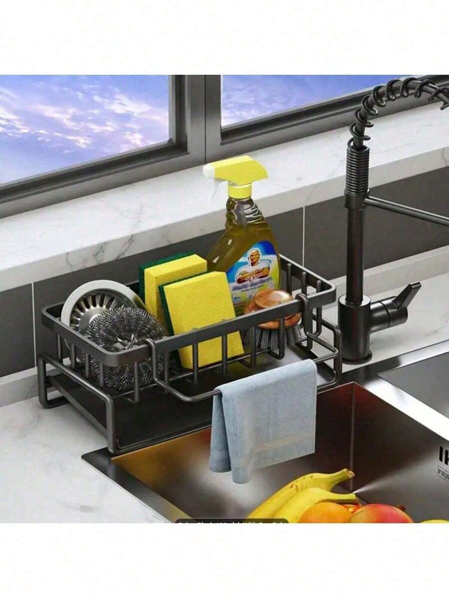 1pc Dish Cloth & Sponge Holder, Multifunctional Storage Rack With Drip Tray, Black Kitchen Sink Caddy Organizer, Rust-Resistant Drainage Stand, For Sponges, Brushes, Soap Dispenser, Home Organizers And Storage - Multicolor - View 1