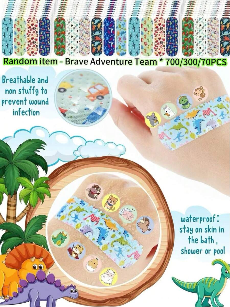 700PCS/300PCS/70PCS Colorful Cute Adhesive Tape, Adhesive Flexible Hemostatic Patch, Waterproof Breathable Adhesive Tape, Good Helper For Protecting Wounds (Various Patterns Of Dinosaurs, Planes, Marine Animals, Animal World, Etc - Multiple Styles) - Nhiều màu - Xem 1