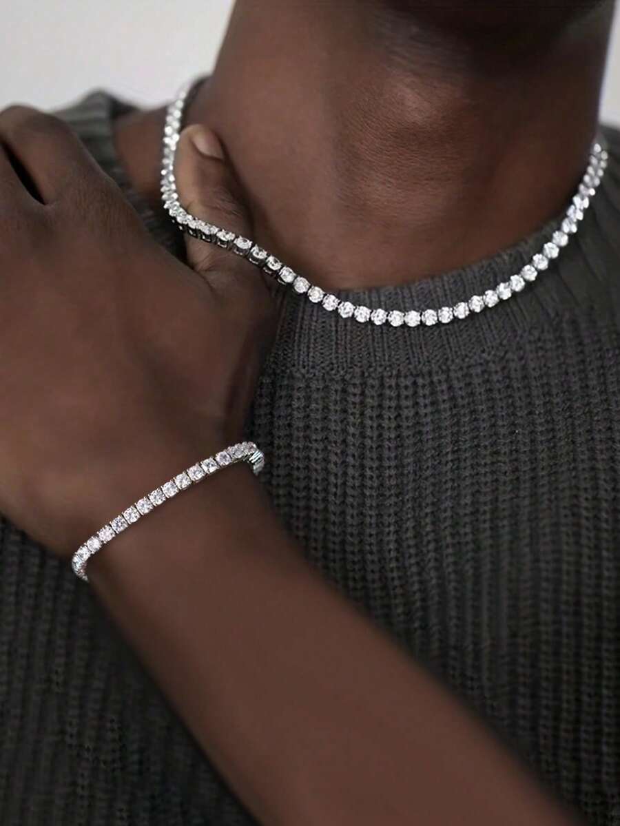 VJS 1pc Unisex Hip-Hop Rhinestone Bracelet, Shiny Micro-InlaidZirconian Bracelet - Silver - View 1