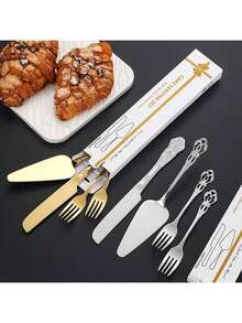 2/3/4 Pieces Set Stainless Steel Cake Cutlery Set With Floral Handle, Professional Cake Cutting Tool, Wedding Gift - Multicolor - View 5
