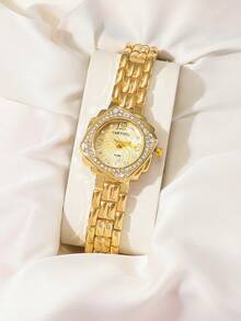 CARYINO Unique Niche Design Rhinestone Dial Classic Fashion Strap, Elegant Gold & Silver Color Women's Wrist Watch, Suitable For Daily Wear, Holiday Gift, Fashion Accessory