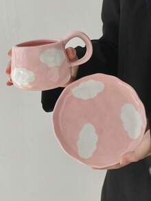 Cabin Kangaroo Ins风格，法式复古风格，手工捏塑手绘，不规则陶瓷咖啡杯碟，手工捏塑痕迹，手绘图案，艺术气息浓厚，高档甜点碟，下午茶，提升格调