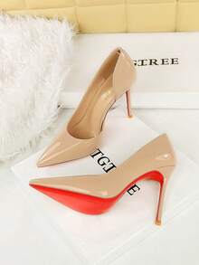 European & American Style Banquet Patent Leather Pointed Toe High Heel Shoes, Fashionable Super High Heels For Women - Khaki - View 5