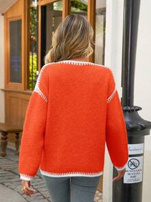 女士休闲毛衣 - 柔软圆领套头衫，中等弹力，纯色常规版型，适合秋冬季节，可手洗或干洗，针织，舒适百搭，罗纹纹理 - 橘色 - 查看 2