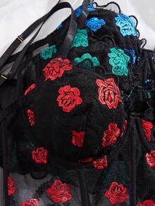 3 Pieces Set, Rose Embroidered Bra, Comfortable And Close-Fitting Bra That Can Be Worn As An Outerwear,Sexy Lingerie - Multicolor - View 5