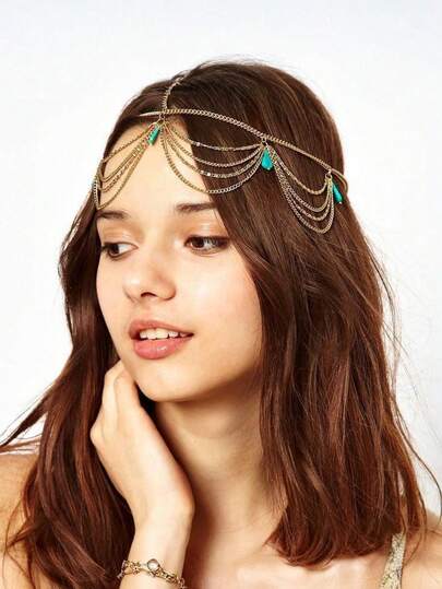 1pc Minimalist Vintage Bohemian Faux Turquoise Tassel Headband, Fashionable Gold Chain Hair Accessory Suitable For Women Everyday And Festivals, Headpiece, Head Jewelry, Head Pieces Jewelry, Hair Jewelry, Hair Vine Chain, Jewellery For Women, Gold Head Piece, Wedding