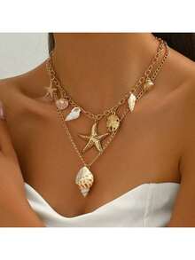 1pc Ocean Style Fish Tail Faux Pearl Tassel Necklace With Beach Starfish Shell Pendant